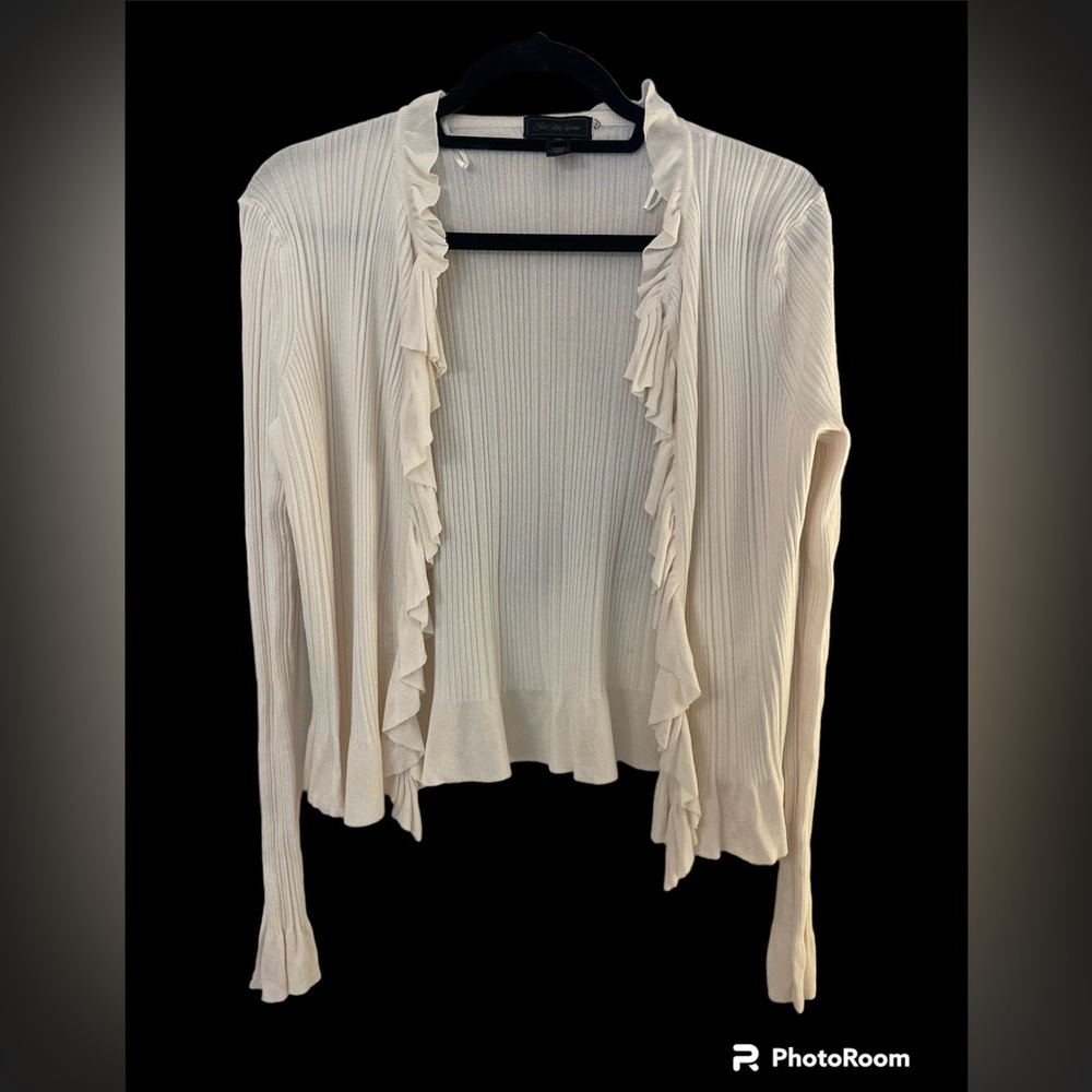 Saks Fifth Avenue black label women’s off white sweater with ruffles.